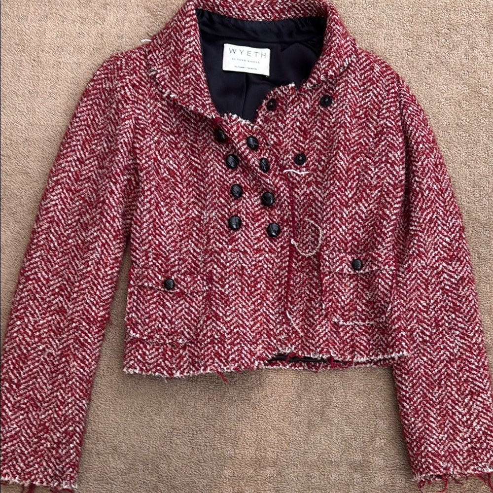 Red Cropped Blazer with Stand-Up Collar